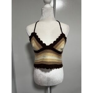 Crochet Halter‎ Top Brown Tan Ombre Scalloped Trim Lace Up Back Festival  Small